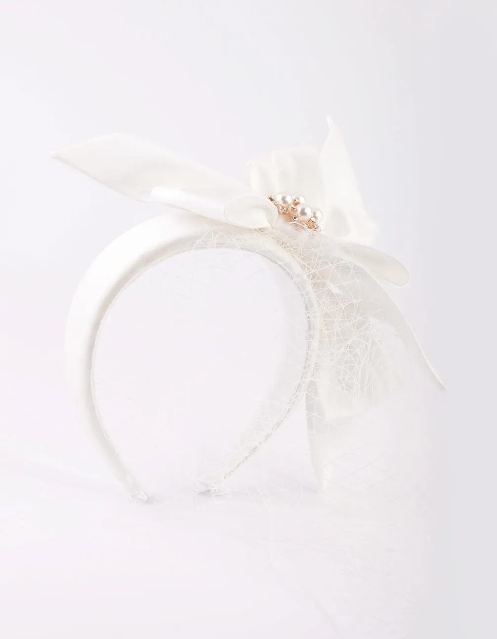 White Bow Pearl & Veil Headband