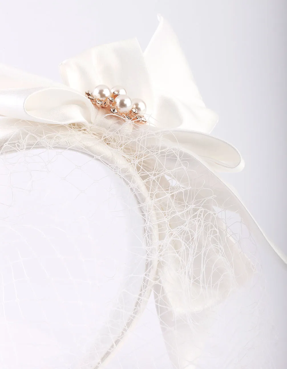 White Bow Pearl & Veil Headband