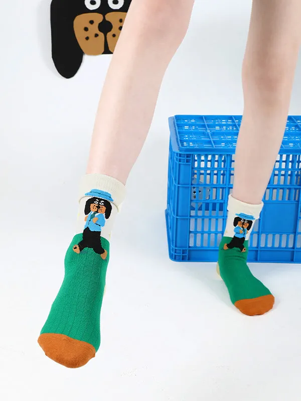 White Green Breathable Cartoon Dog Contrast Color Multi-Colored Socks Accessories