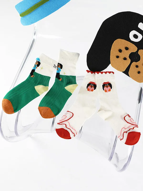 White Green Breathable Cartoon Dog Contrast Color Multi-Colored Socks Accessories