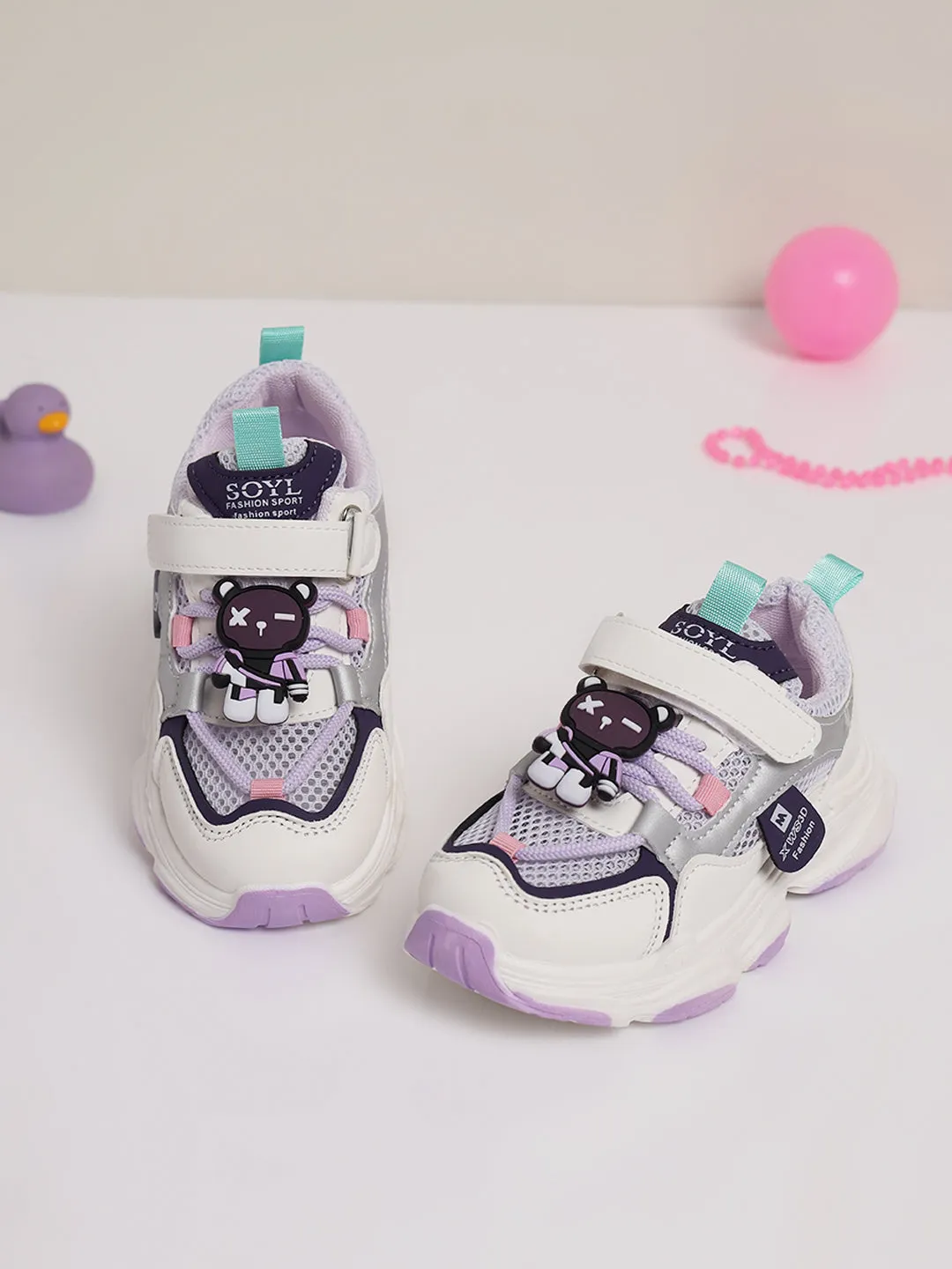 White Purple PU Stylish Velcro Sneakers For Kids-Unisex (TC-RS3649-WHTPUR)