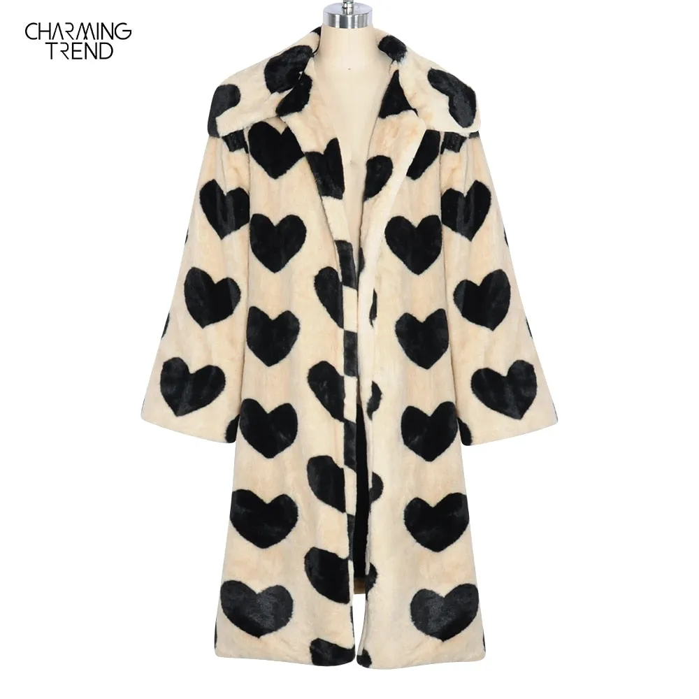 Winter Women Warm Faux Fur Long Coat Love Pattern Turn Down Collar Plush Classic Coat