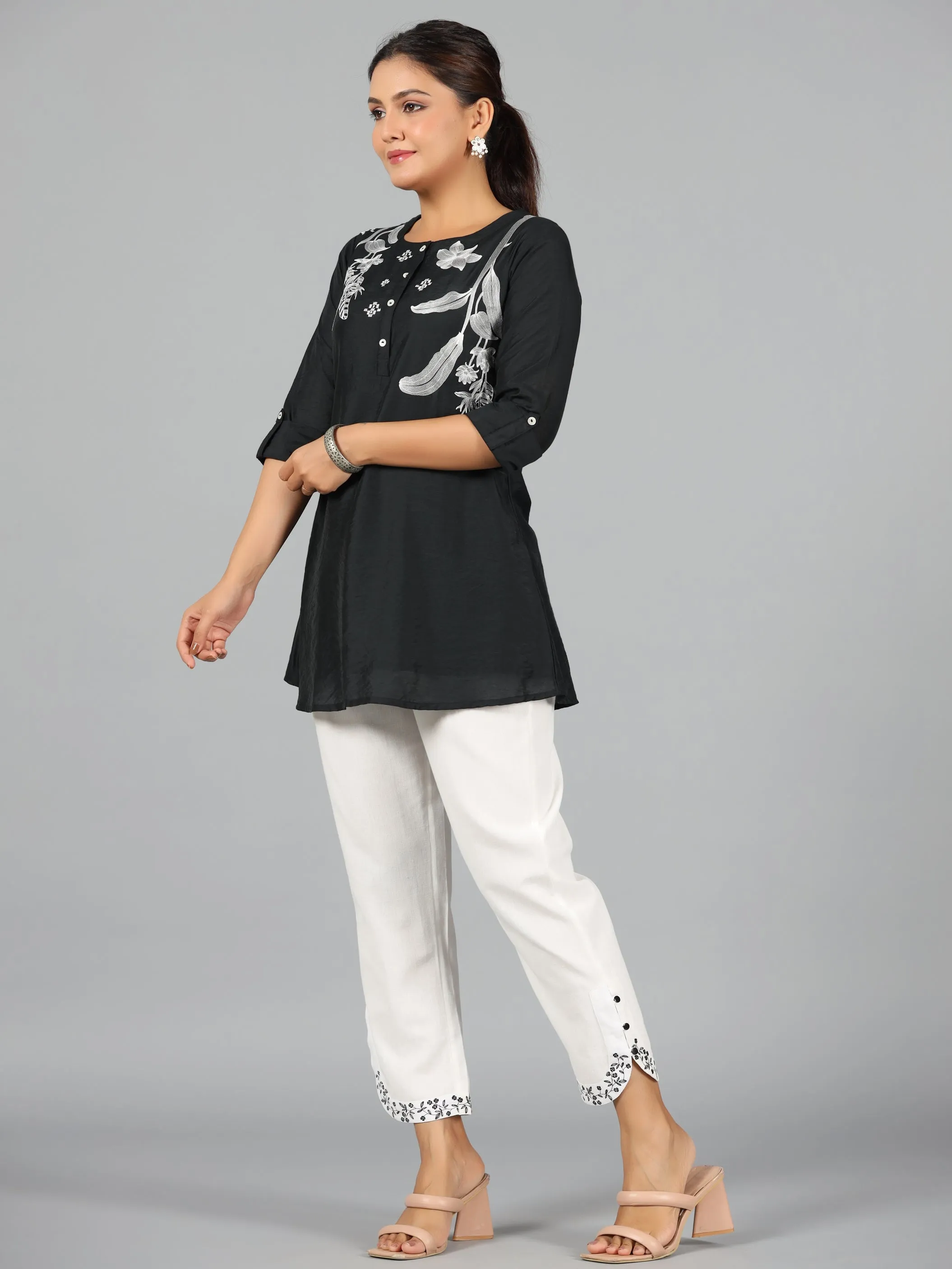 Women Black Chanderi Embroidered Clothing Set