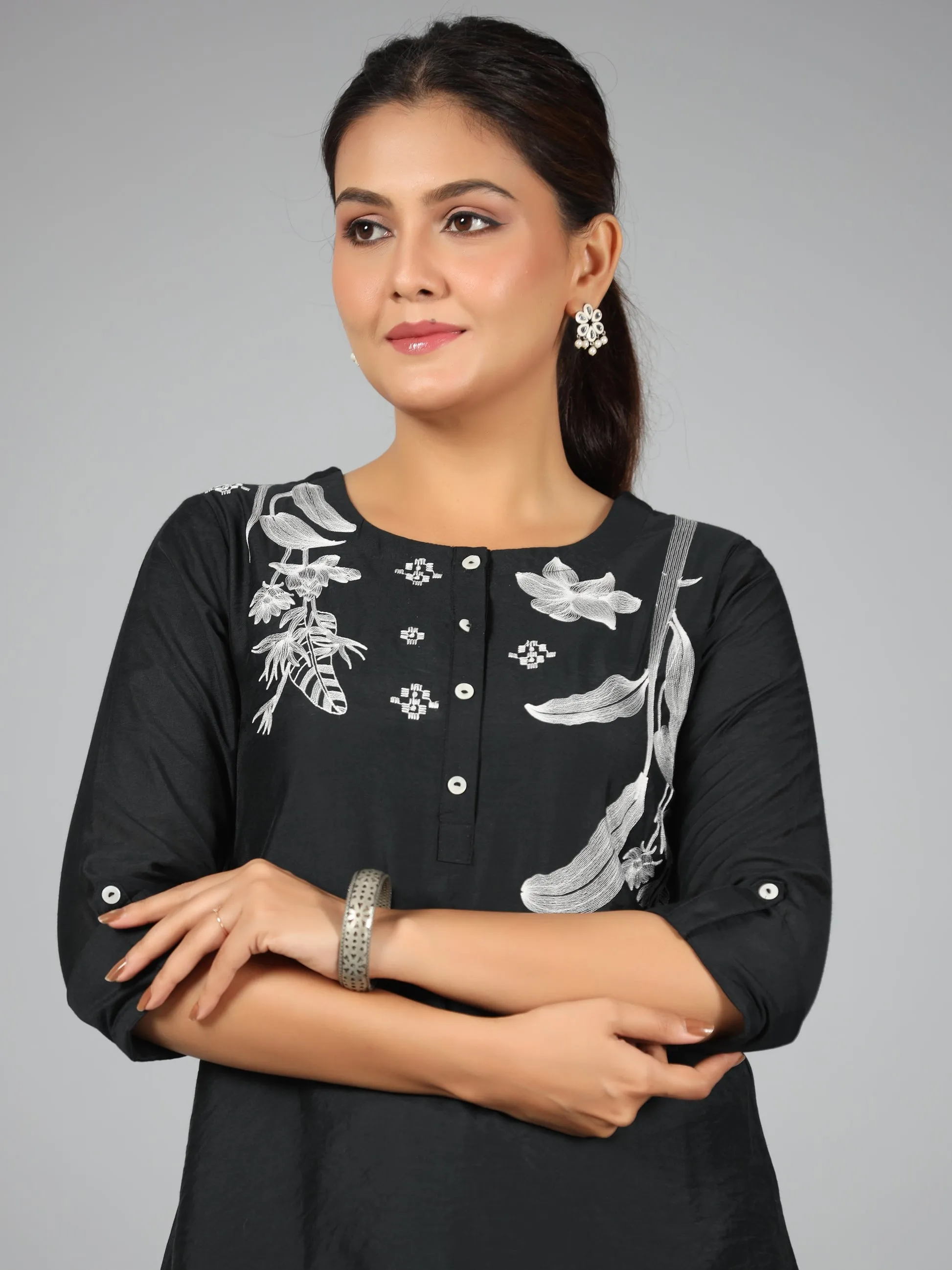 Women Black Chanderi Embroidered Clothing Set