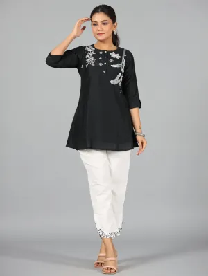 Women Black Chanderi Embroidered Clothing Set