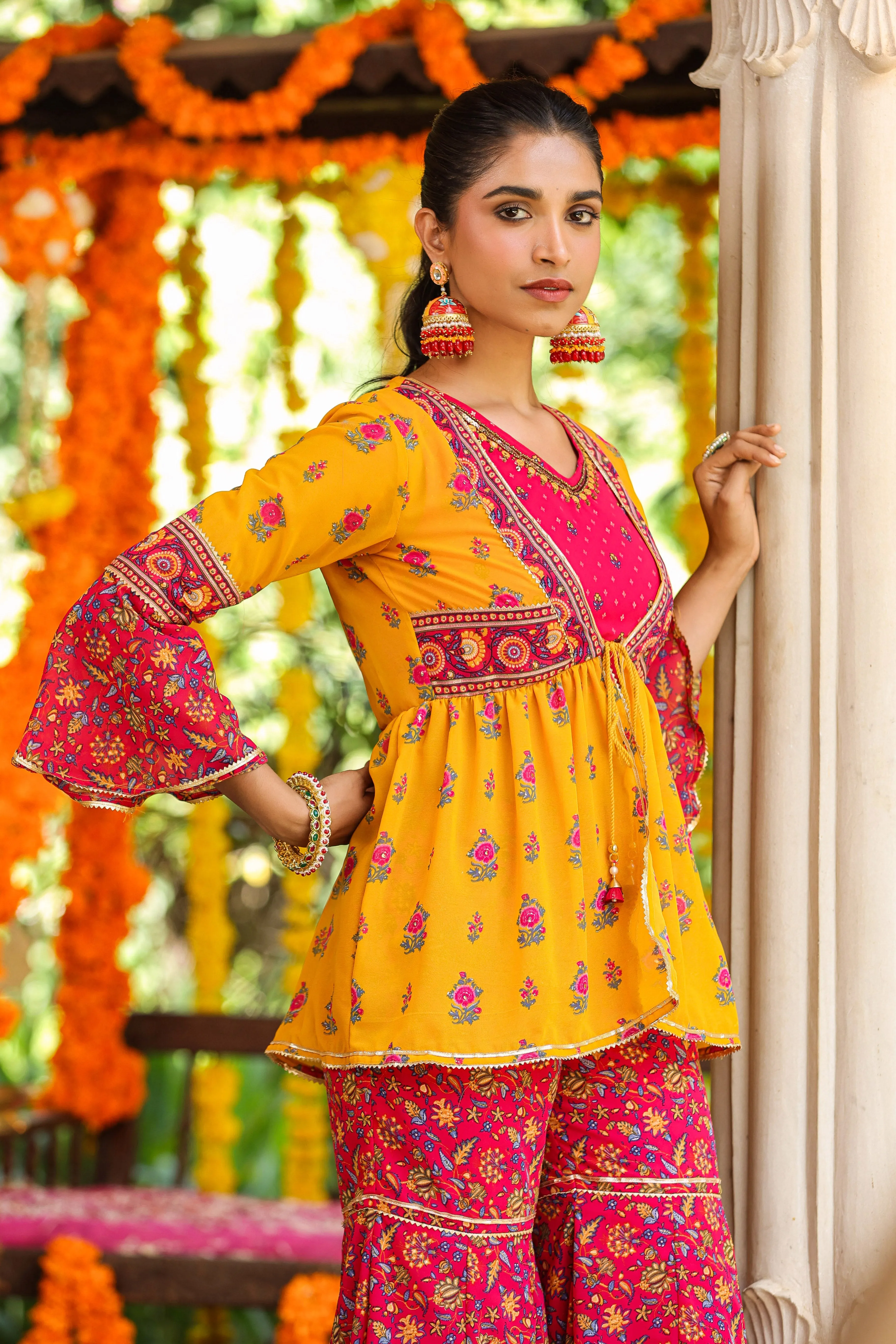 Women Mustard Georgette Printed Clothing Set