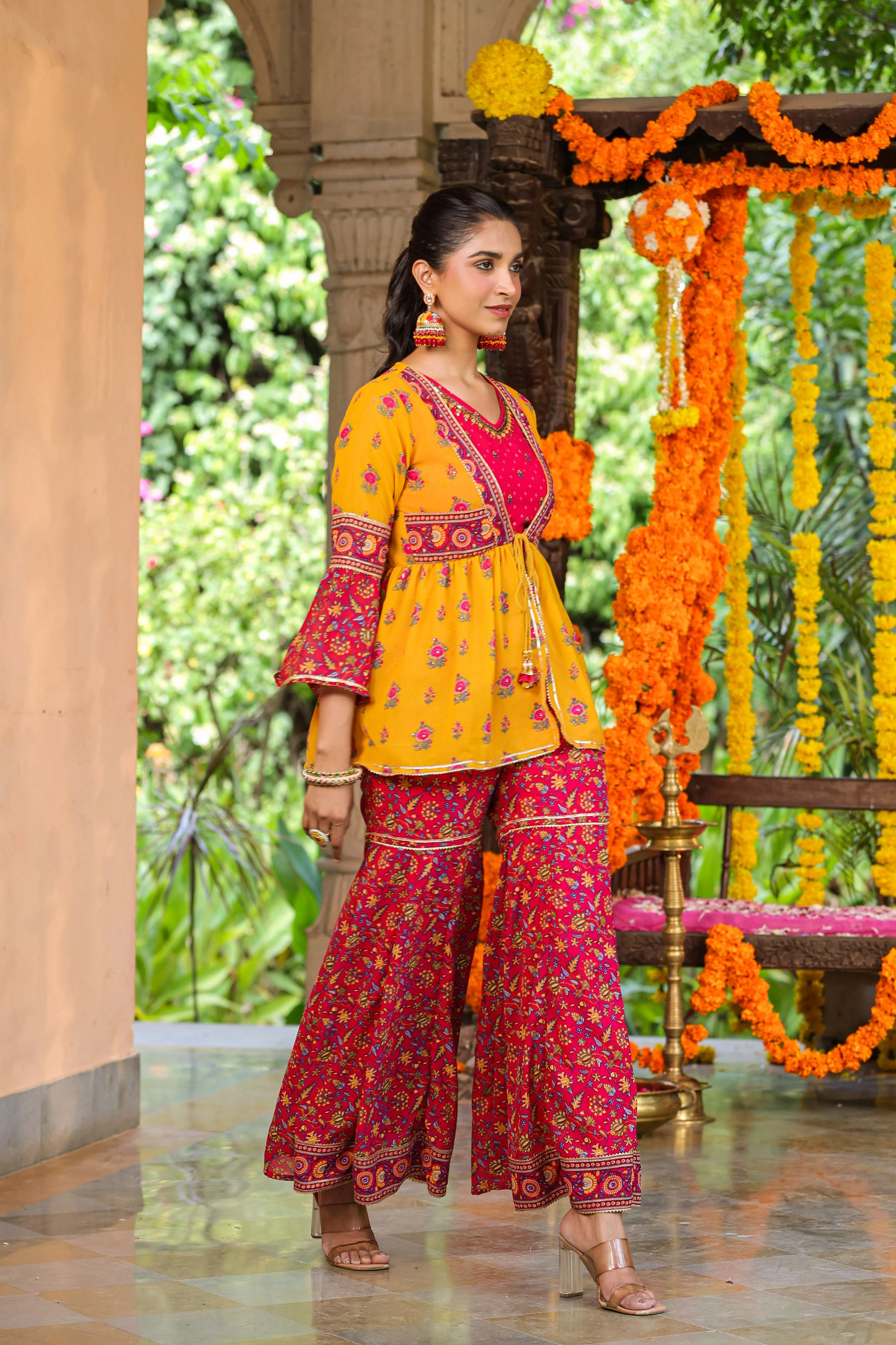 Women Mustard Georgette Printed Clothing Set