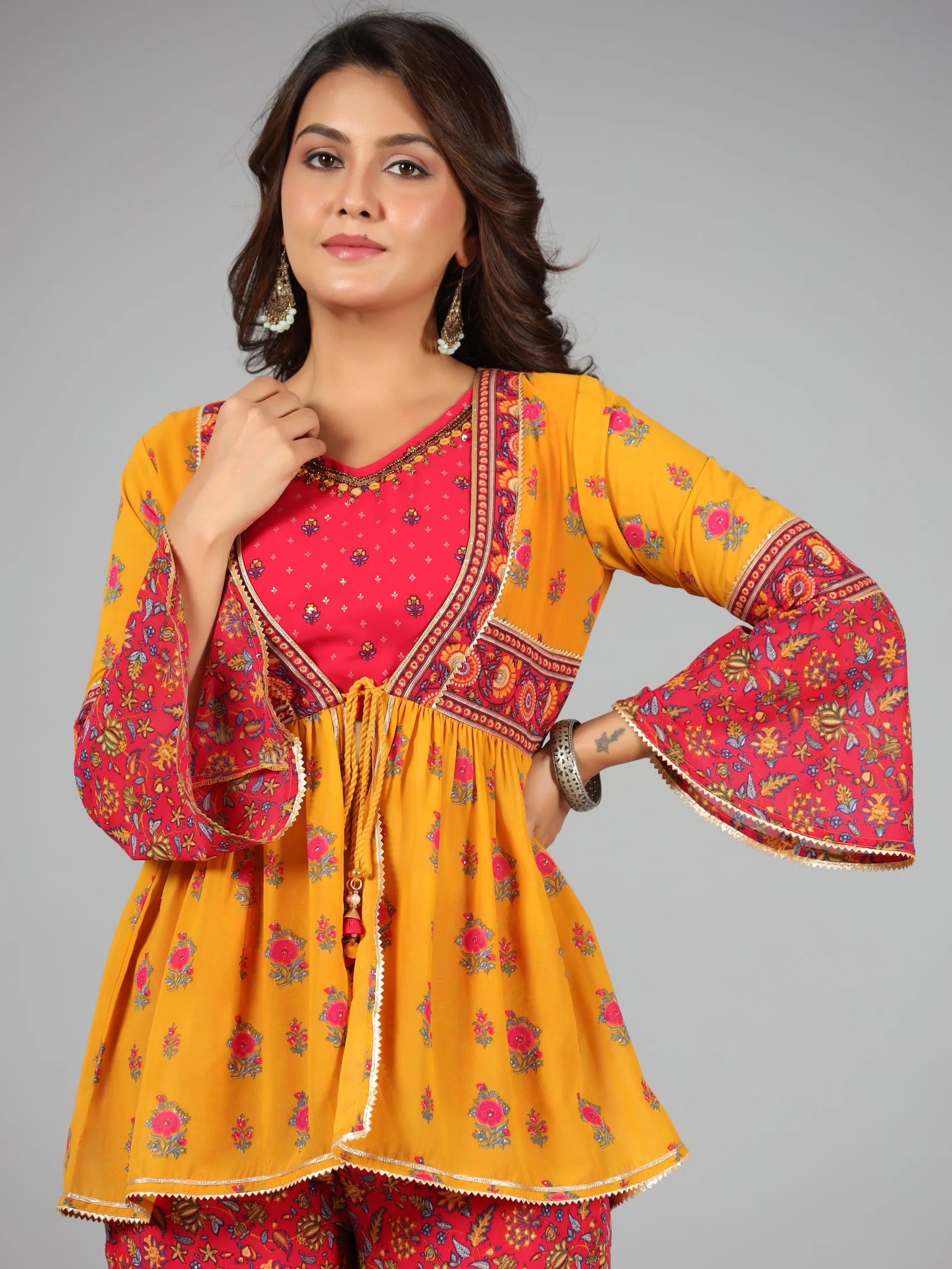 Women Mustard Georgette Printed Clothing Set