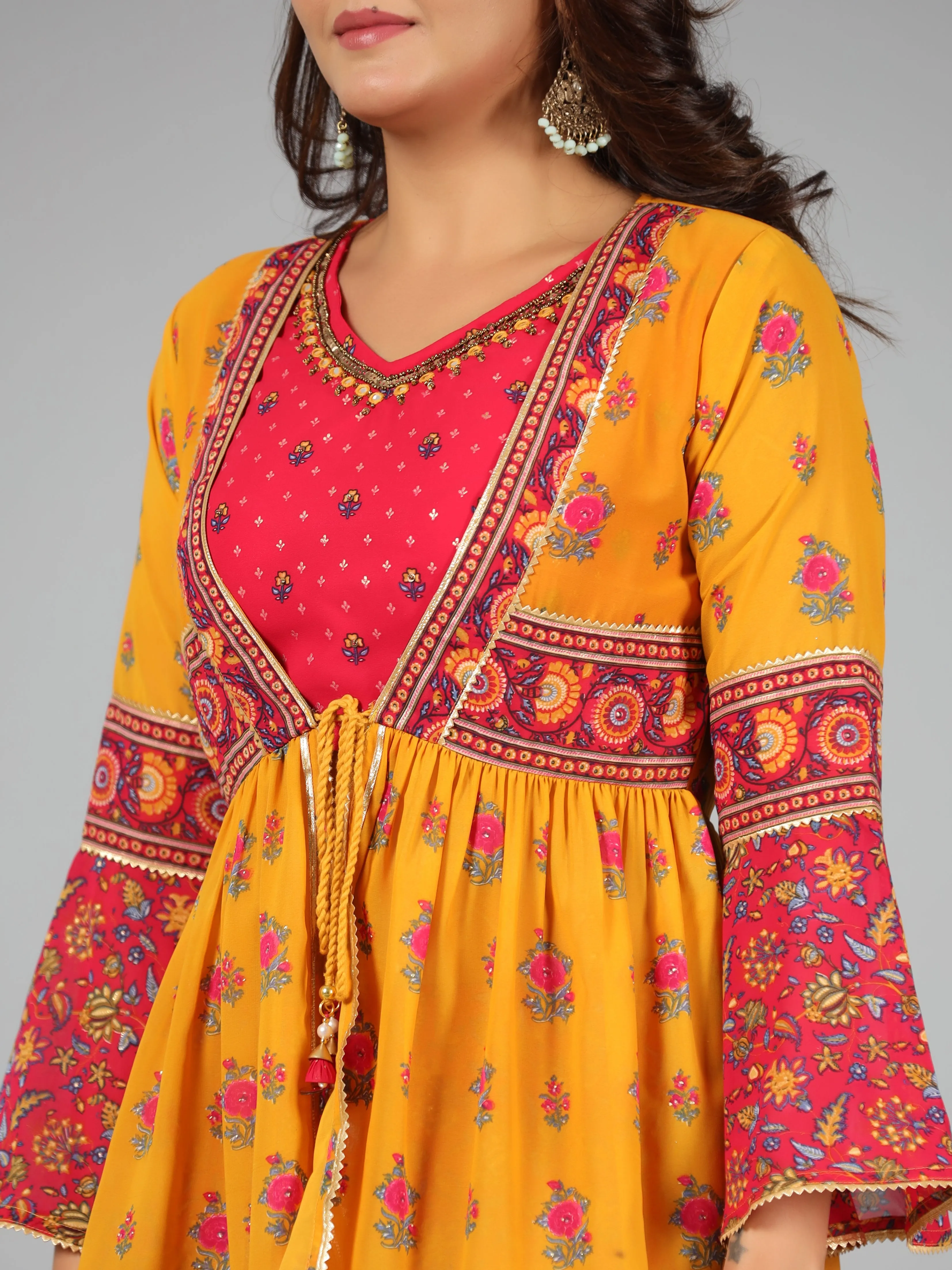 Women Mustard Georgette Printed Clothing Set